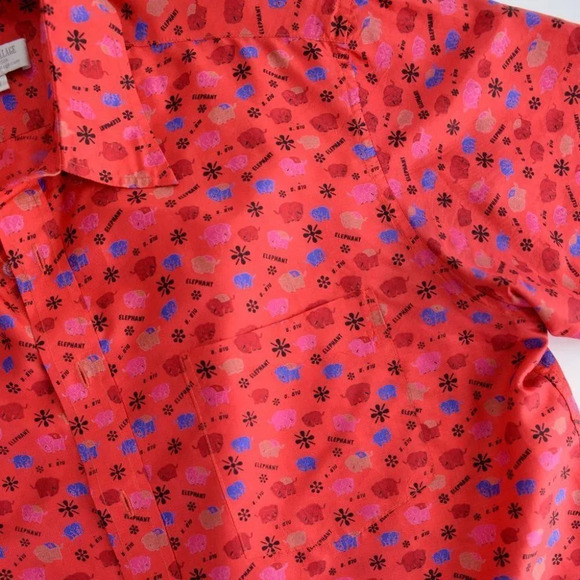 Vintage Tie Silk Red Silk Short Sleeve Button Blouse w Elephants Medium - Picture 10 of 13